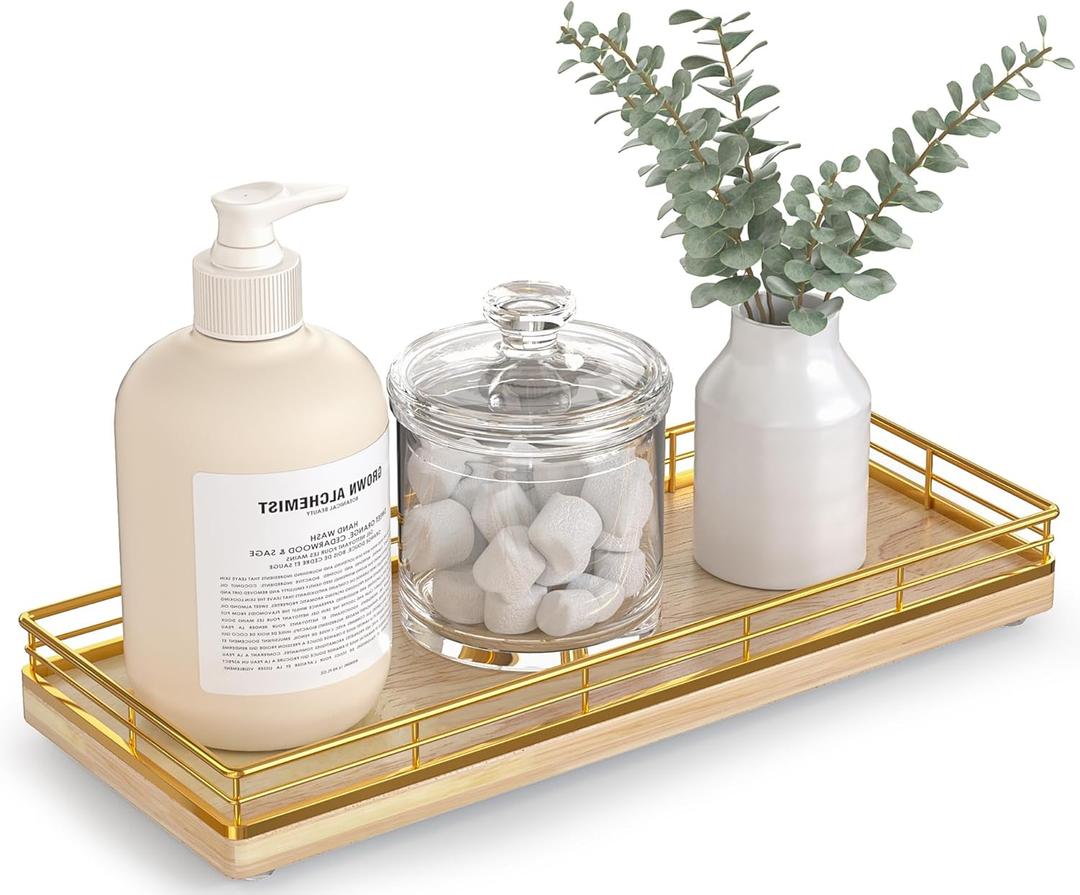Bathroom Tray for Counter Top Organizer  Oak Wood Vanity Tray with Metal Frame for Dresser, Kitchen, Nightstand  Gold & Oak Decorative Storage (11" x 4.5" x 1.5")