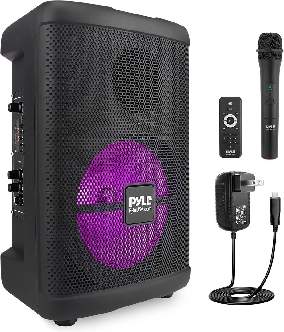 Pyle Portable Bluetooth PA Speaker-240W 8 Rechargeable Indoor/Outdoor BT Karaoke Audio System-TWS, Party Lights, LED Display, FM/AUX/MP3/USB/SD, 6.5mm in, Carry Handle-Wireless Mic, Remote Control