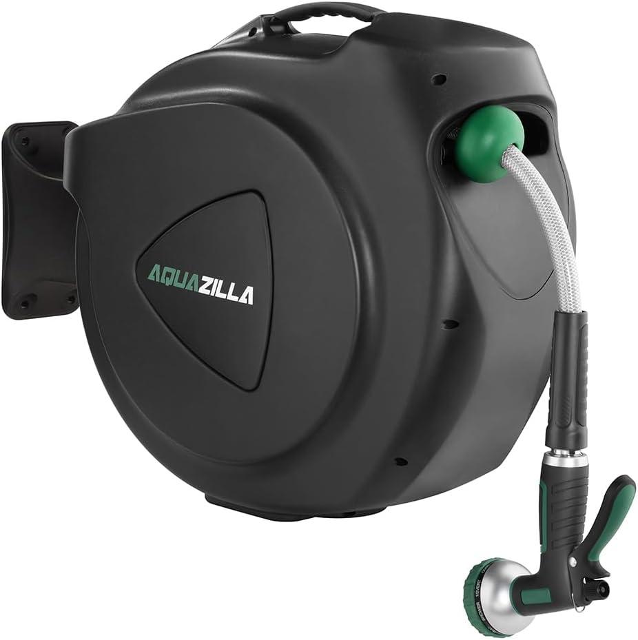 Retractable Garden Hose Reel, 120Ft x 1/2" Durable Wall Mounted Water Hose Reel with 180Swivel Bracket, 9 Pattern Sprayer, 6Ft leader hose, Smooth Automatic Rewind, Any Length Lock.