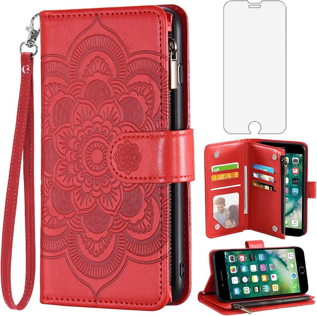 Asuwish Phone Case for iPhone 7plus 8plus 7/8 Plus Wallet Cover with Tempered Glass Screen Protector and Flip Credit Card Holder Stand Cell Accessories i Phone7s 7s + 7+ 8s 8+ Phones8 7p 8p Women Red