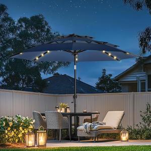 wikiwiki 10FT 3Tiers Solar Led Patio Umbrella, Sturdy Outdoor Market Umbrella for Deck, Pool, Garden w/Tilt, Crank, 32 LED Lights, 
Navy Blue
