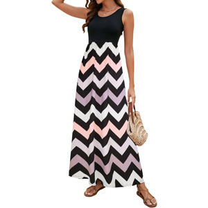 Sherosa Women Boho Chevron Striped Floral Printed Summer Sleeveless Tank Long Maxi Party Dress (M)