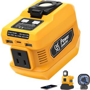 220W Power Inverter Compatible with Dewalt 20V Battery, DC 20V to AC 110V-120V Portable Power Generator, Inverter with 2 USB Ports 1 Type-C 1 AC Outlet, 400 Lumen Light