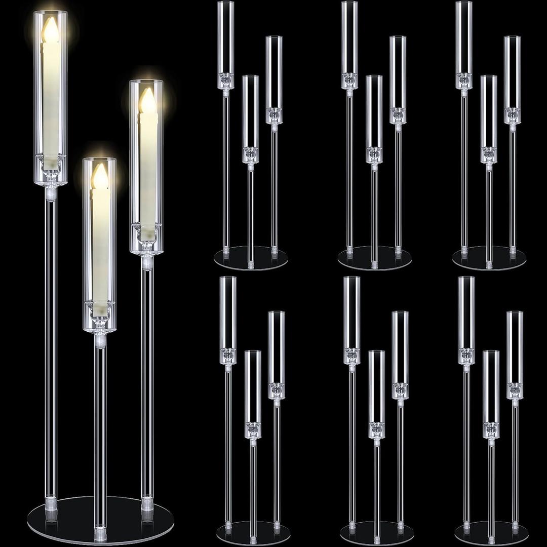 Layhit 6 Set Wedding 3 Arm Acrylic Candelabra Table Centerpiece 38.6" Clear Tall Floor Candle Holder with Shade Pillar Taper Stand for Dining Party Anniversary Birthday Easter Fit 0.87 LED Candle