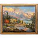 Gold Framed Vintage Wall Art Nature Mountain Landscape Painting Canvas Print Bedroom Kitchen Living Room Farmhouse Wall Decor (Cabin, 16" L x 12" W)