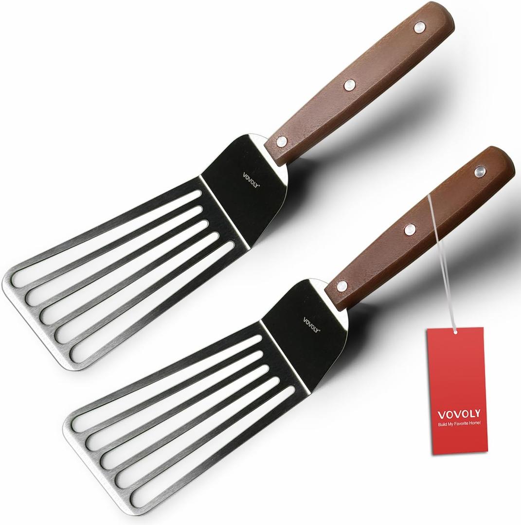 2 Pack Offset Fish Spatula Turner, Stainless Steel Slotted Spatulas for Flipping, Turning, Frying & Grilling, Offset Metal Slotted Spatulas, Wooden Full Tang Handle