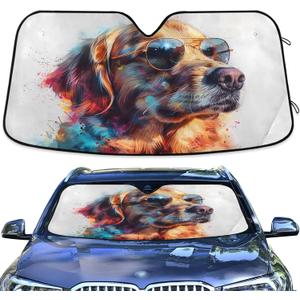 ALAZA Car Sun Shade Golden Retriever Dog Wearing Sunglasses Windshield Sunshade Protector for Small Car SUV Front Window (Multicolor)