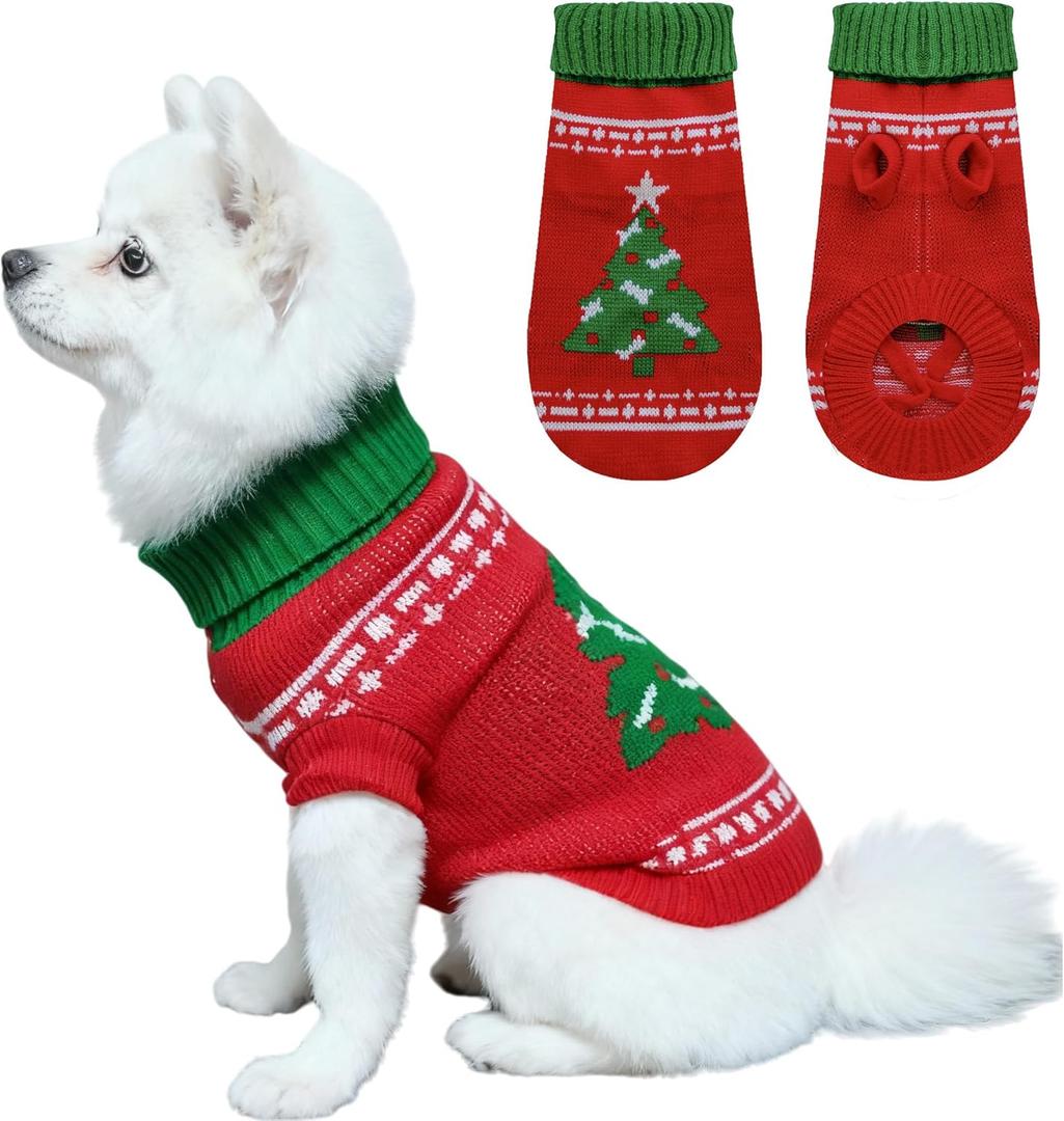 Knitted Dog Sweater for Small Dogs, Pullover Turtleneck Pet Sweaters, Warm Soft Winter Holiday Cat Sweater, Winter Dog Clothes, Christmas Tree Pattern, L (14")