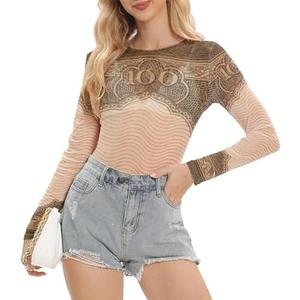 Kasopp Women Mesh Printed Crop Top Shirt Long-Sleeved Slim Cool T-Shirts Modern Punk Street Tops size S