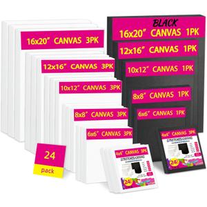 24-Pack Stretched Canvas for Painting, 6 Sizes 4"x4" to 16"x20" Canvas, 12 oz Double Primed 100% Cotton Black Canvas, Reinforced Wood Frame, Perfect for Oil, Acrylic & Mixed Media Artists