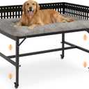 Beside Dog Bed,2 Panels Adjustable Height Dog Bunk Beds,41.3”x27.5” Metal Frame & Cushion, Converts to Bunk Bed or Bed Extension Attachment for Human Bed, for Large Dogs