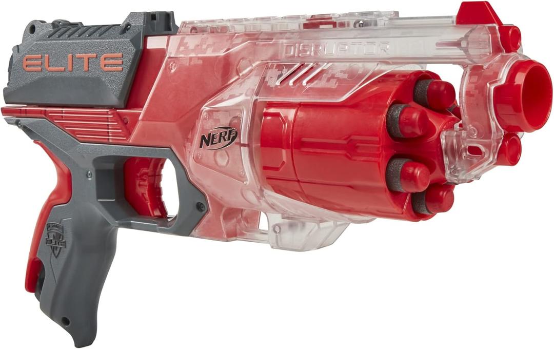 NERF Elite Disrupter Blaster - 6-Dart Rotating Drum, Slam Fire, Translucent Red