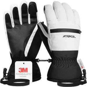 ATERCEL Waterproof Ski Gloves, Warm 3M Thinsulate Gloves, Touchscreen, Ideal for Men and Women in Skiing, Snowboarding, Snowmobiling, Hiking and Other Winter Outdoor Activity, (Medium, White)
