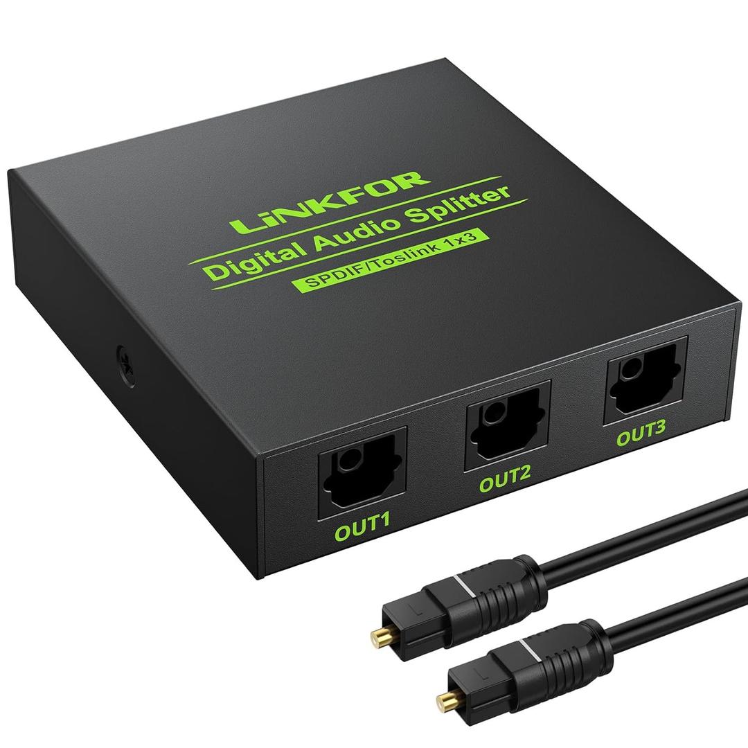 LiNKFOR Digital Optical Audio 1x3 Splitter Digital SPDIF Toslink Optical Fiber Audio Splitter 1 in 3 Out Aluminum Alloy with Optical Cable Support 5.1CH Dolby-AC3 DTS for PS3 Blue-Ray DVD HDTV