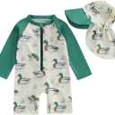 Engofs Toddler Baby Boy Girl Swimsuit One Piece Rash Guard Bathing Suit Beach Swimwear with Hat, 6-12M