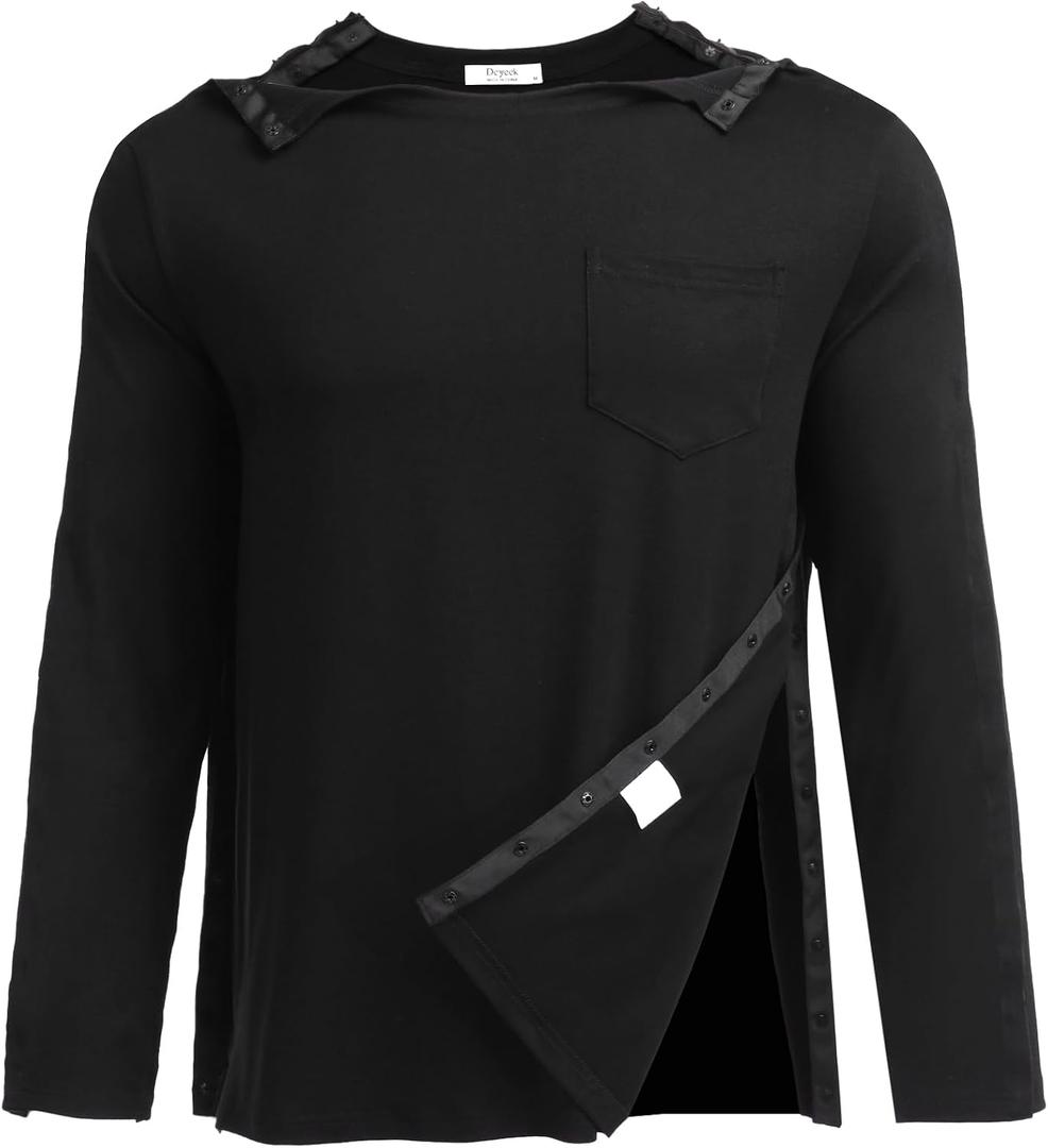 Deyeek Men's Post Shoulder Surgery Recovery Shirts Full Tear Away Long Sleeve Snap Chemo Port Access Shirt (Black, XL)