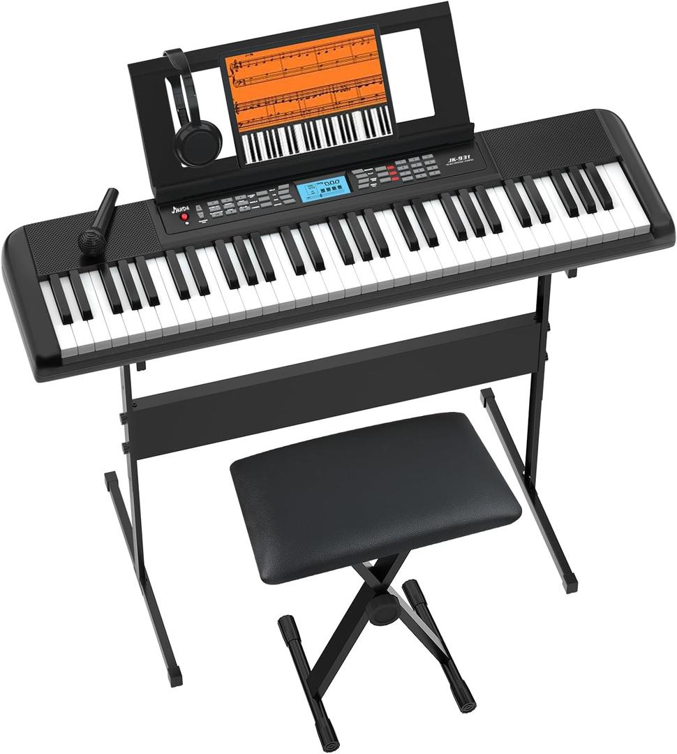 61 Key Keyboard Piano, Portable Electric Piano Keyboard w/LCD Screen, Built-In Speakers, Headphones, Stand, Stool, Music Rest, Microphone, 300 Timbres, 300 Rhythms, Jikada-61 Key Keyboard Kit