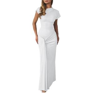 Mojessy Women Bodycon Maxi Dress Sexy Mock Neck Lace Up Bandage Ruched Short Sleeve Long Dress Cocktail Dress (Small, White)