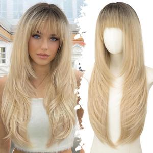 Eawwii Long Blonde Wig with Bangs for Women- Dark Root to Blonde, 4x4 Realistic Scalp, Free Parting, Layered Hairstyle Synthetic Heat Resistant for Daily Party Use 26 inch