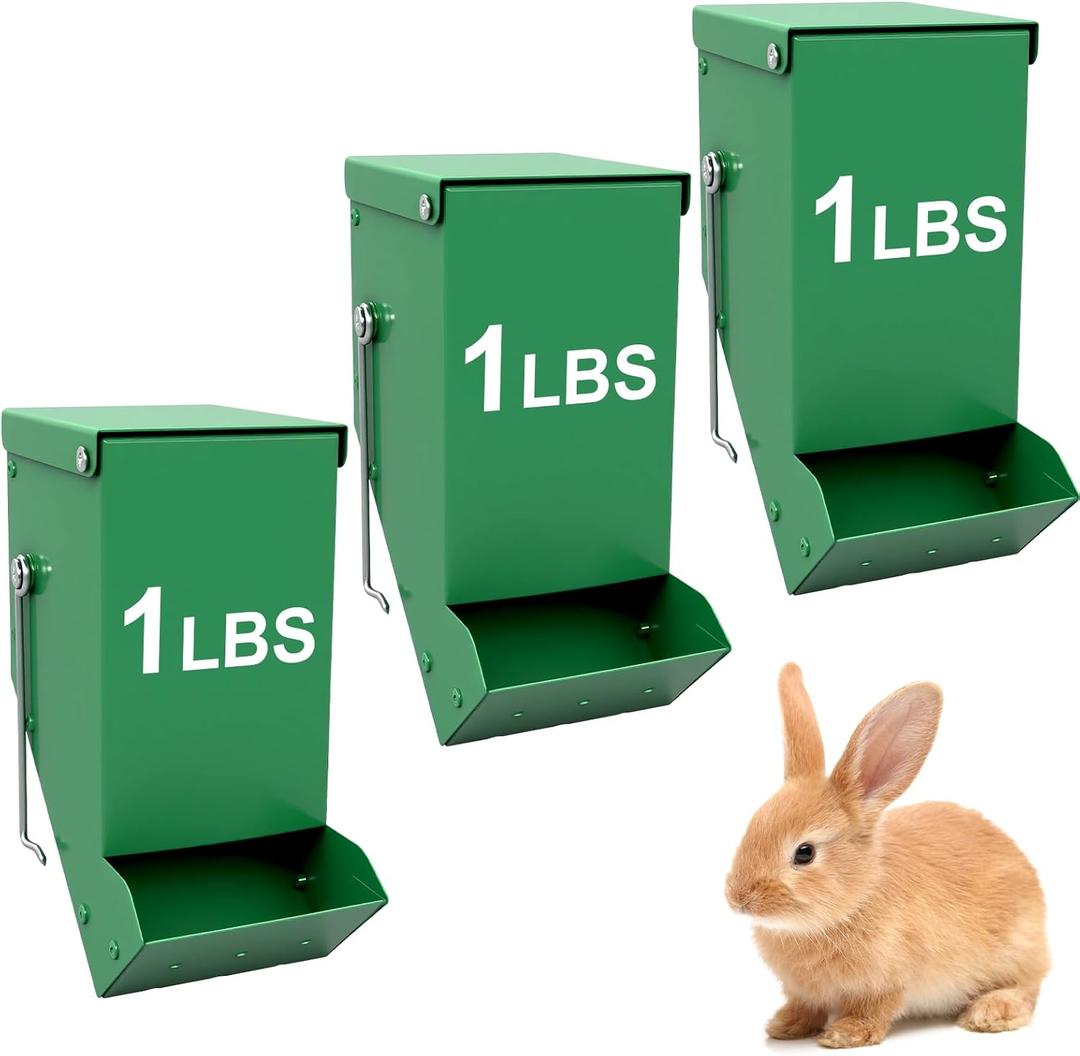 3 Packs Hay Feeder Rabbit, Metal Small Animal Feeder with Lid & Mesh Bottom, 3.1 Inch 1 LBS Capacity, Gravity Food Dispenser for Guinea Pigs Chinchillas, Cage or Outdoor Use, Green