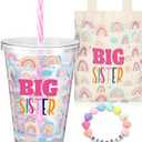 3 Pcs Big Sister Gift for Girls 12 oz Pink Big Sister Cup Insulated Acrylic Tumbler with Leakproof Lid and Straw Canvas Tote Bag Bracelet for Little Girls Age 2-8