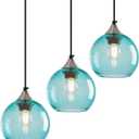 Light Blue Glass Pendant Lights Kitchen Island Globe Pendant Light Fixtures Modern Pendant Lighting for Bedroom Living Dining Room Light Fixture (5.9 in, 3 Pack)