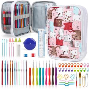Katech Crochet Hooks Kit with Case, 85-Piece Crochet Hooks Set, Ergonomic Crochet Hook Crochet Needles Weave Yarn Kits DIY Hand Knitting Art Tools for Beginners and Experienced Lovers (Cats Pattern)