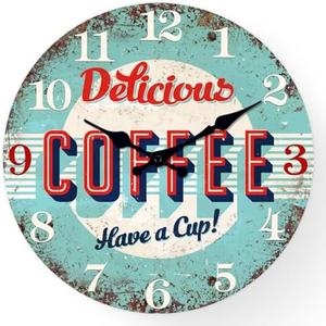 XFM Coffee Bar Wall Clock 24 Inch Blue Wooden Wall Clocks Battery Operated Silent Non-Ticking Retro Round Clocks for Kitchen Cafes Farmhouse