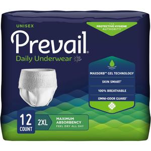 Prevail Daily Protective Underwear, Unisex Disposable Adult Diaper for Men & Women, Maximum Absorbency, XX-Large, 12 Count Bag