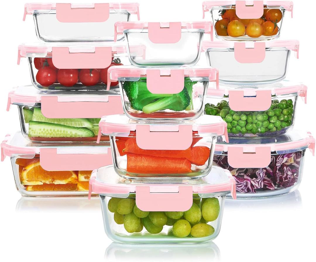 KOMUEE 24 Pieces Glass Food Storage Containers Set, Meal Prep Containers-Stackable Airtight Glass Storage Containers with lids,Freezer, Microwave, Oven Safe,Pink