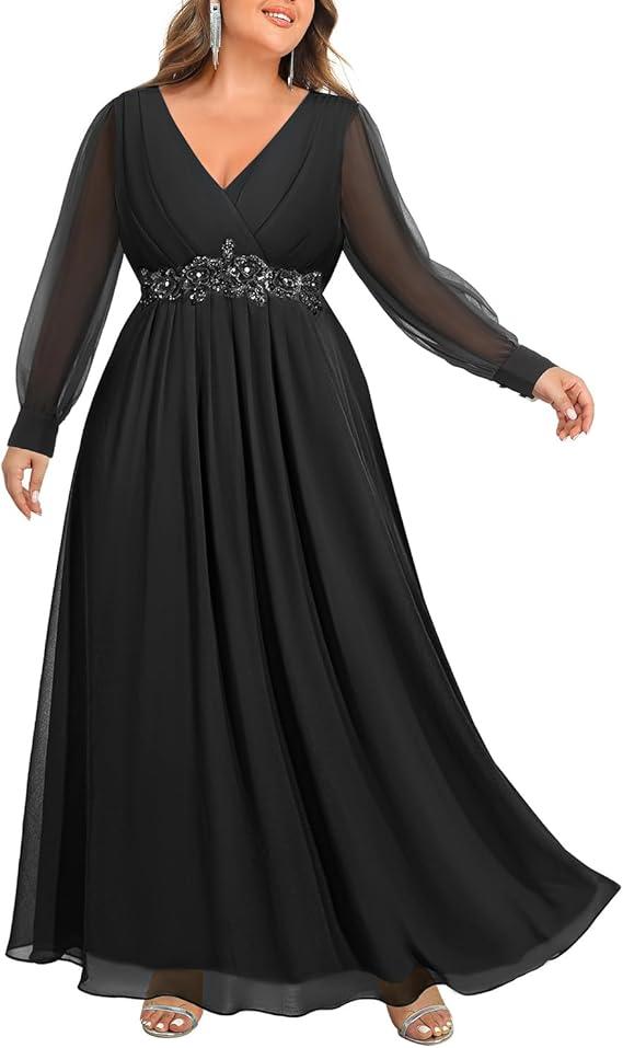 Women's Plus Size Formal Dress Black Wedding Guest Long Chiffon Mother Bride Gowns High Waist V Neck Floor Length 2XL