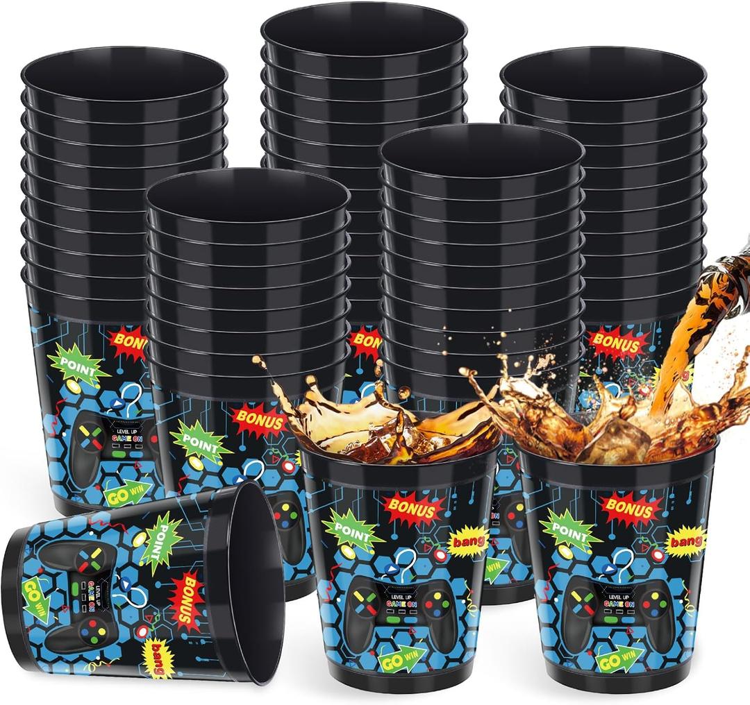 24 Pieces 16 oz Video Game Theme Cups Gaming Party Favors Set Go Win Level up Plastic Cups Gamer Frosted Cup for Popular Video Party Supplies Kids Gamer Birthday Decorations(Blue)
