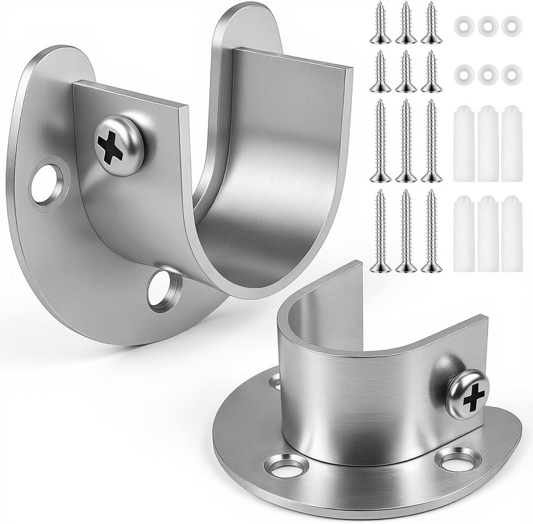 FIRJOY 2Pcs Heavy Duty Stainless Steel Closet Rod Bracket Holder (Silver, 1-1/2")
