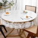 Clear Round Plastic Tablecloth Protector with Lace Around Waterproof Oil-Proof PVC Table Cloth Stain-Resistant Wipeable Table Cover for Round Table, 90"