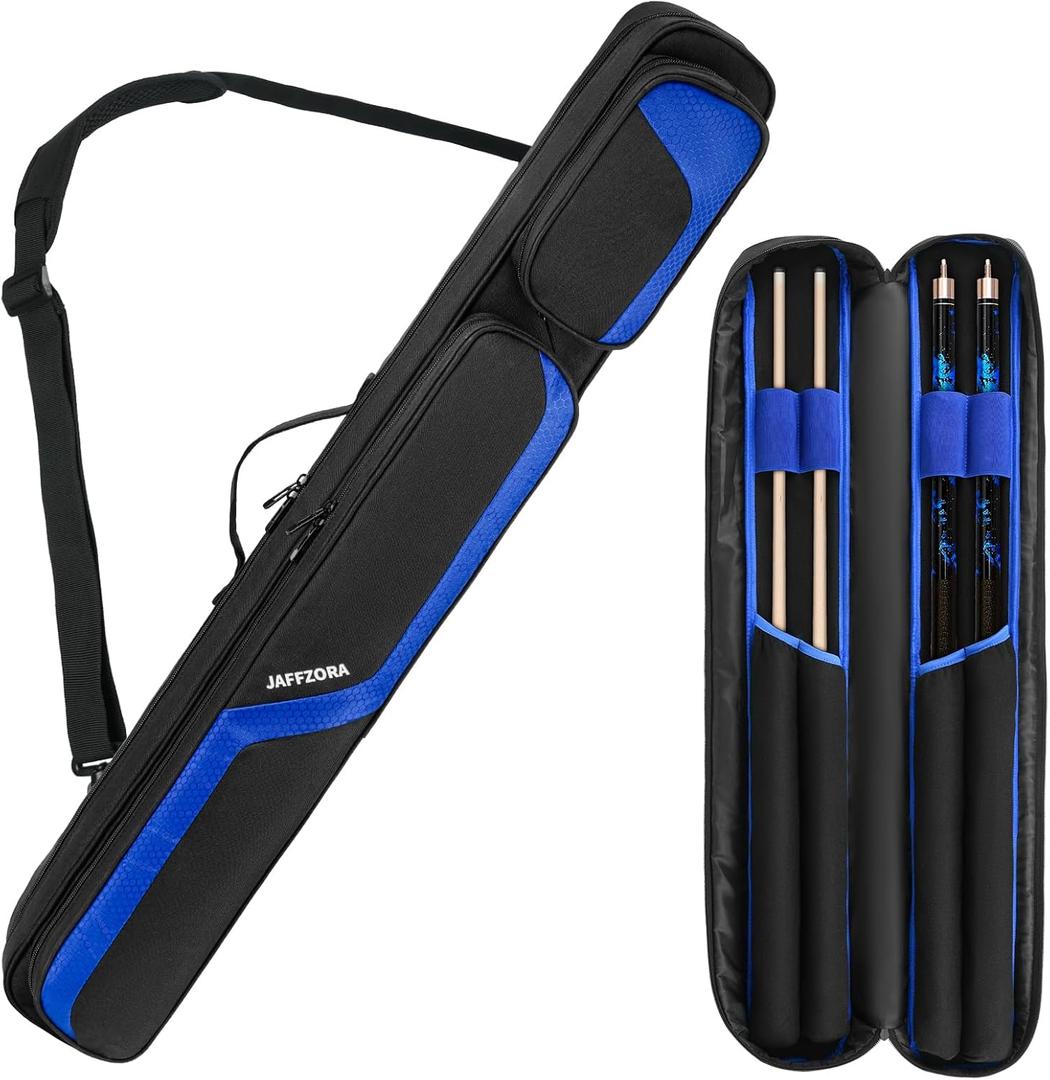 Pool Cue Case, Pool Stick Carrying Case Holds Butts and Shafts, Billiard Cue Bag with Shoulder Straps (For 2x2 Sticks, Black & Blue)