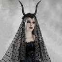 Halloween Gothic Devil Antelope Sheep Horn Headband Flower Crown with Black Mesh Veil Hair Hoop Cosplay Costume Proms Party Headwear