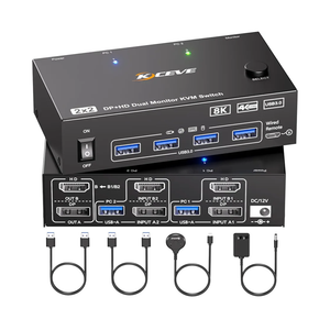 KVM Switch 2 Monitors 2 Computers Displayport HDMI 4K@144Hz, USB3.0 Dual Monitor KVM Switch for 2 Computers Share 2 Monitors and 4 USB Peripherals,Wired Remote 12V Adapter and 2 USB Cable