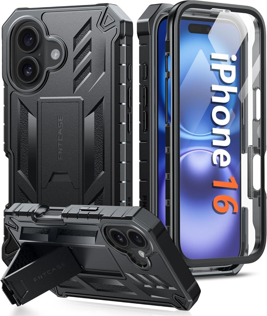 FNTCASE for iPhone 16 Phone Case: Military Grade [Built-in Screen Protector] [Kickstand] Matte Textured Drop Proof Protection Cover | Rugged Shockproof TPU Protective Sturdy Cases - Black