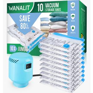 WANALIT Vacuum Storage Bags with Electric Pump, 10 Pack Jumbo Size40"x28" Reusable Compression Space Saving Bag for Clothes, Bedding, Mattress, Blankets, Pillows, Comforters, Travel, White