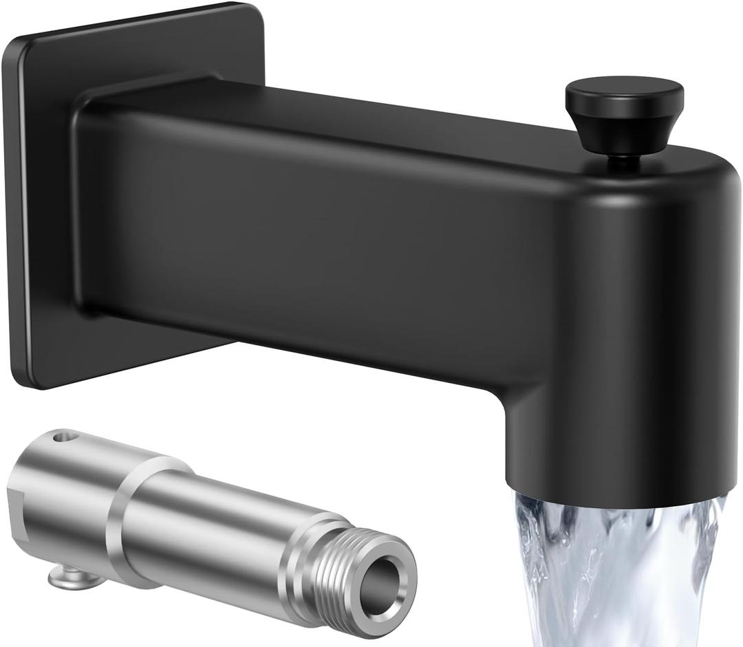 All Metal Tub Spout with Diverter, KES 5-3/8 Inch Bath Tub Faucet Replacement with Stainless Steel Extension Nipple, Black Shower Slip-on Bathtub Faucet for 1/2 Inch Copper Pipe, PTSN300-BK