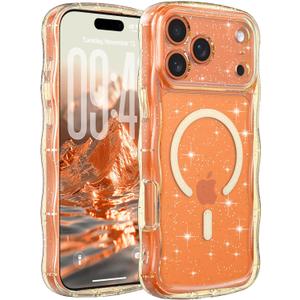 FABSPARK Case for iPhone 17 Pro Max,Compatible with MagSafe,Magnetic Clear Curly Wavy Frame Wave Case with Sparkly Bling Glitter,Transparent Acrylic Hard PC for iPhone 17 Pro Max,Glitter Clear Yellow