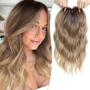 PANEWAY 16Inch Wavy Curly Brown Blonde Hair Topper with Dark Root - Clip In Hair Topper for Women