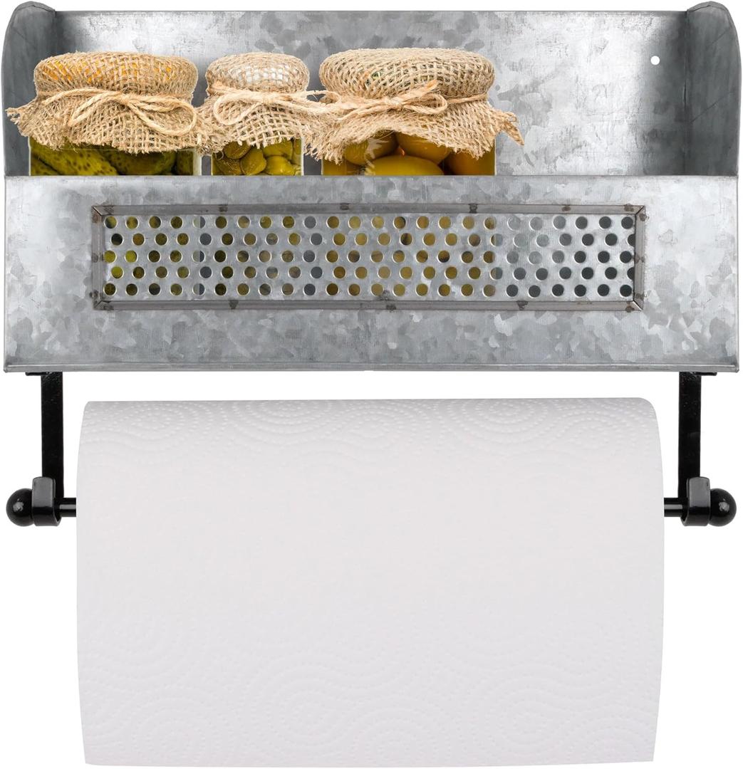 Autumn Alley Farmhouse Paper Towel Holder with Shelf - Wall Mount Paper Towel Holders - Rustic Paper Towel Holder - Farmhouse Towel Racks for Bathroom and Kitchen Wall Decor, Galvanized Grey (Gray)
