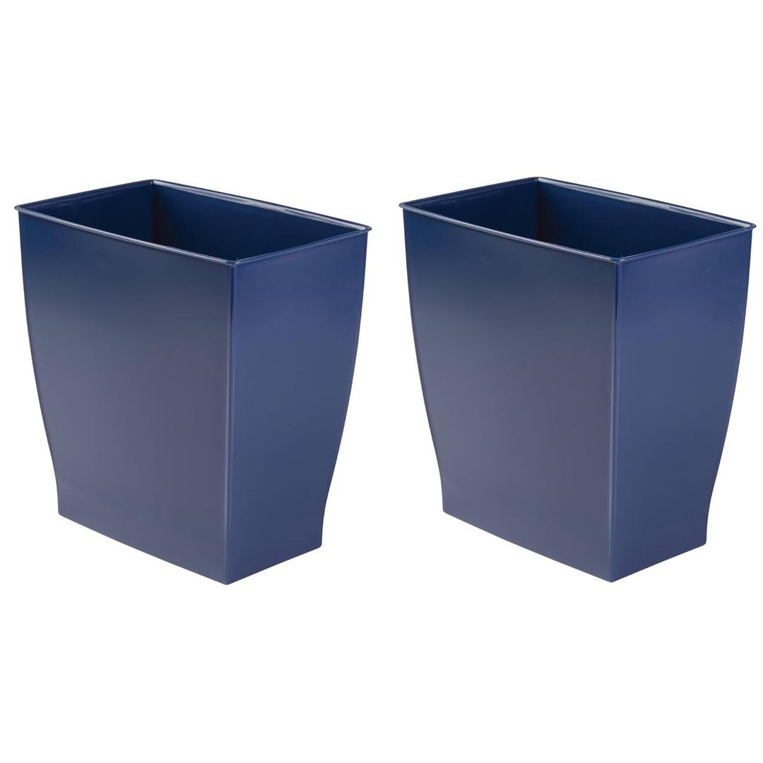 iDesign Small Plastic Bathroom Trash Can, Slim Rectangle Garbage Bin for Bedroom, Office, Dorm, 2-Pack, Navy Blue