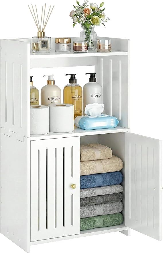HAYOFAMY 3-Tier Bathroom Storage Cabinet 8.7" D x 14.2" W x 24.8" H
White Floor Cabinet, Freestanding Organizer with Door, for Living Room Kitchen Small Space, PVC Material