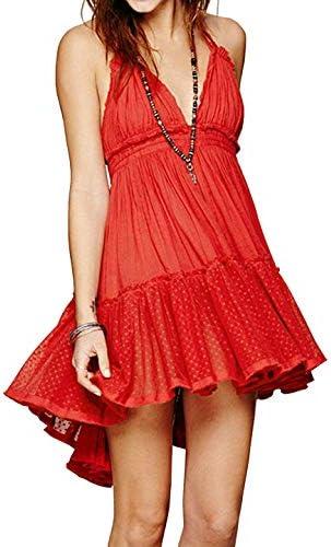 R.Vivimos Womens Summer Halter Deep V Neck Sexy Patchwork Mini Short Dresses, M