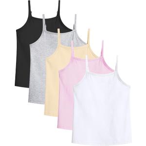 Auranso Girls Undershirts 5 Pack Toddler Camisole Cotton Adjustable Straps Sleeveless Cami Dance Tank Tops for Girls (9-10 Years, Black-grey-nude-pink-white)