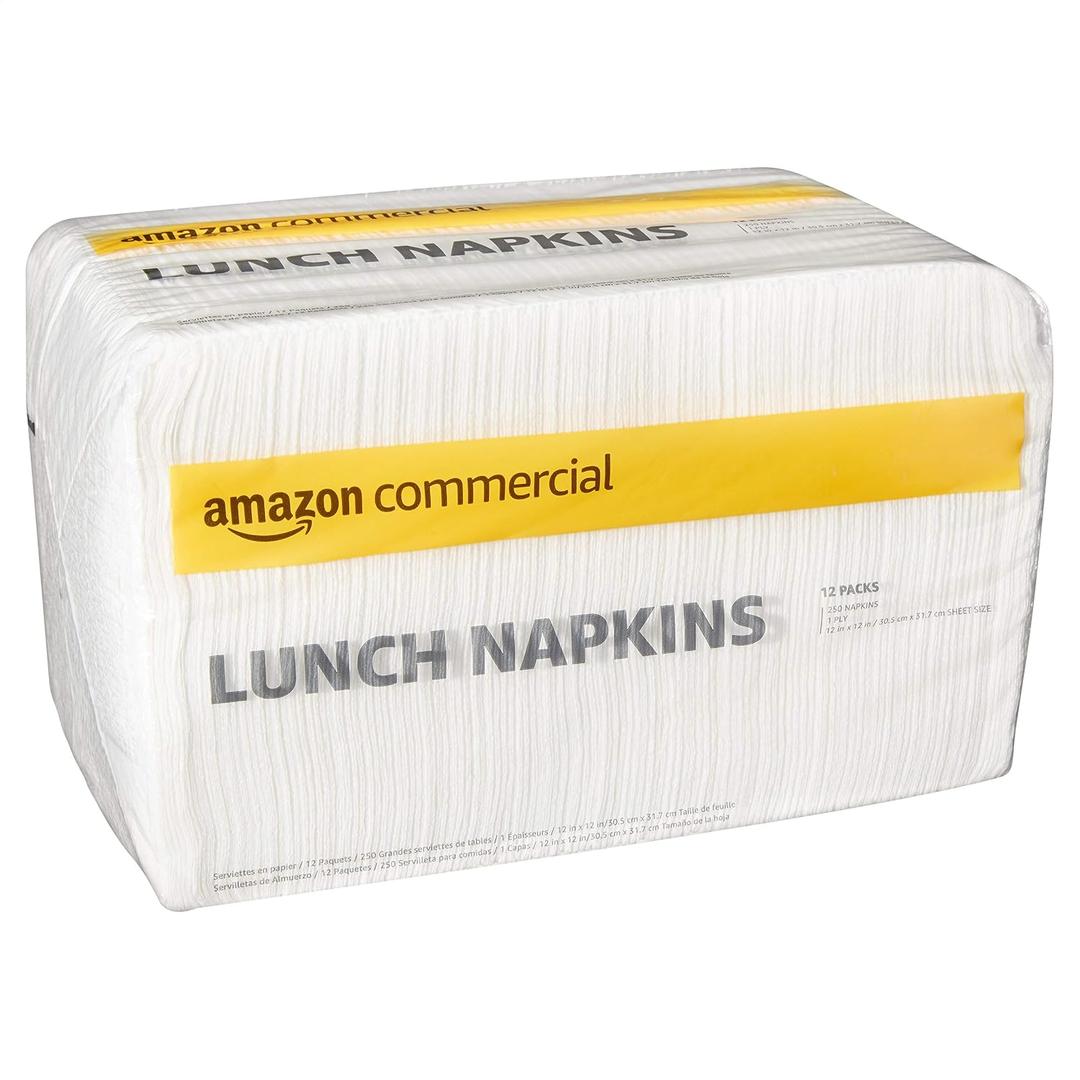 AmazonCommercial 1-Ply White Disposable Lunch Napkins for Restaurants and Events, Party Napkins, 250 Napkins per Pack (12 Packs), 12 x 12 Sheet