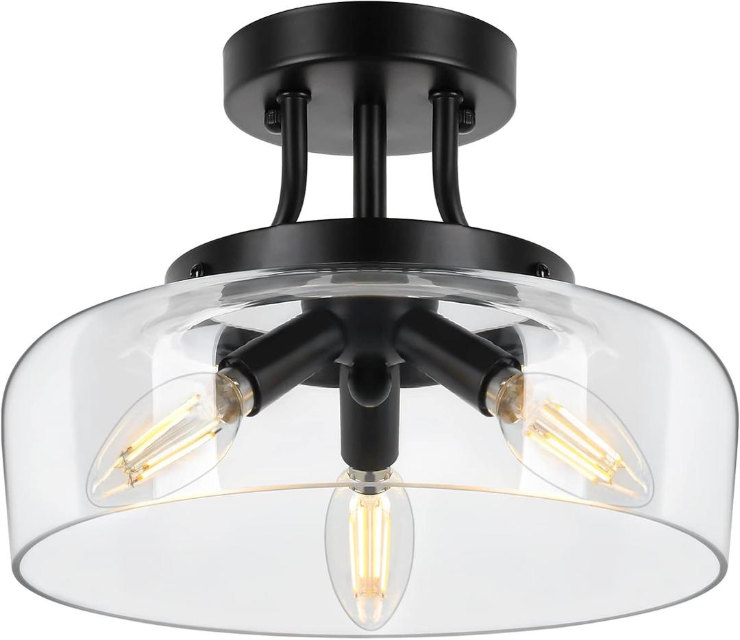 Modern Industrial Semi Flush Mount Ceiling Light with Clear Glass Shade, 3-Bulb Black Ceiling Light Fixture for Kitchen Bedroom Living Room Porch Hallway Entryway, E12 Socket, Bulbs Not Included (11in)