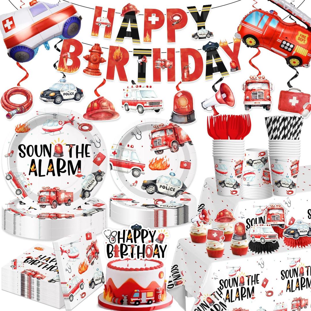 Emergency Vehicle Birthday Decorations for Boys, 191 PCS All-in-One Fire Truck Ambulance Police Car Party Supplies Includes Banner Plates Tablecloths, for Firetruck Party Decor, Serves 25